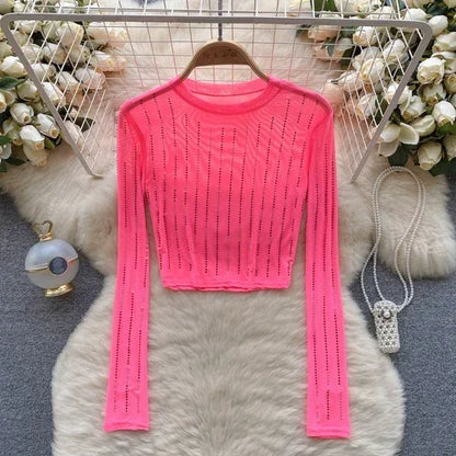 Damen-Crop-Top, langärmelig, figurbetontes Polyester-6