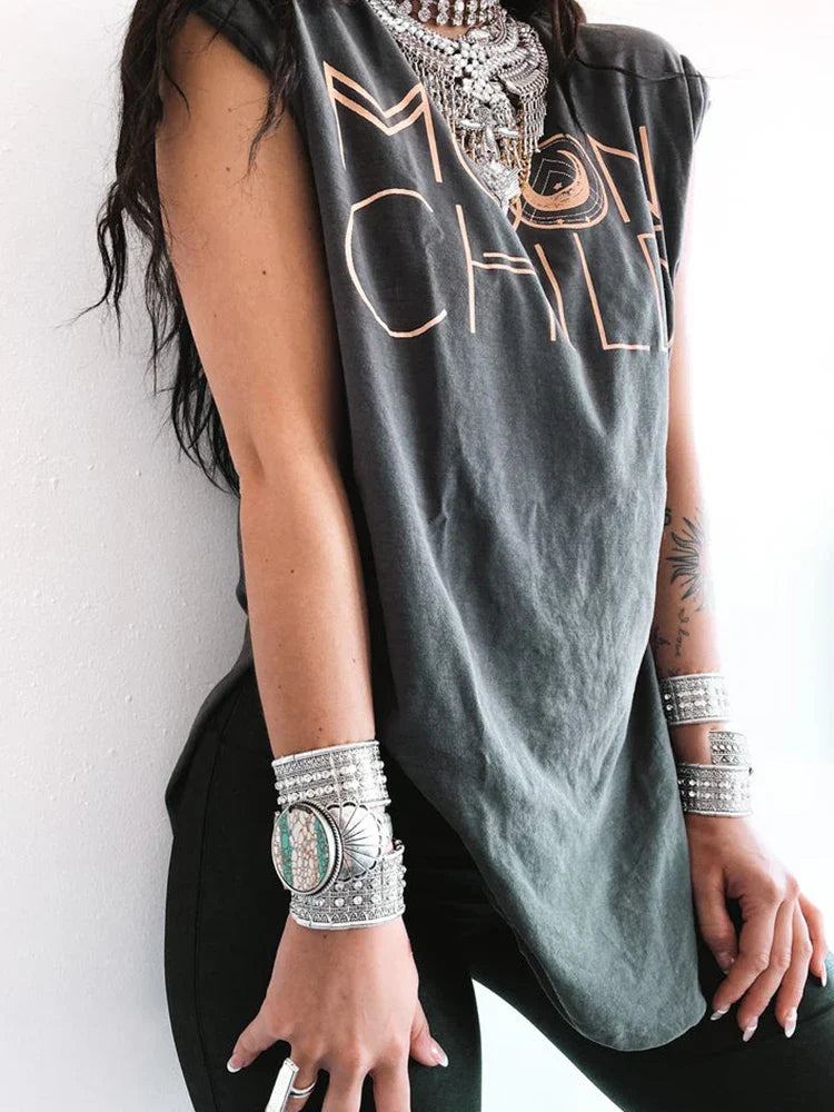 Damen-Oversized-T-Shirt, Boho-Stil, Baumwolle-2