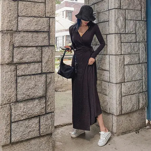 Damen-Maxikleid mit V-Ausschnitt aus schwarzem Polyester und Baumwolle – elegantes langes Kleid für Fest und Alltag 1
