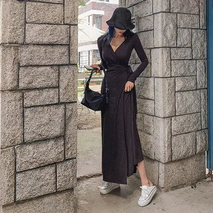 Damen-Maxikleid mit V-Ausschnitt aus schwarzem Polyester und Baumwolle – elegantes langes Kleid für Fest und Alltag 7