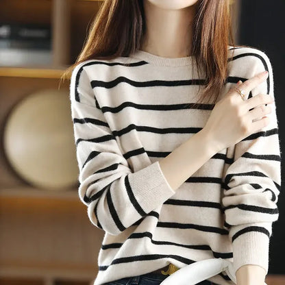 Damen-Strickpullover, gestreifte weiche Baumwollmischung-3