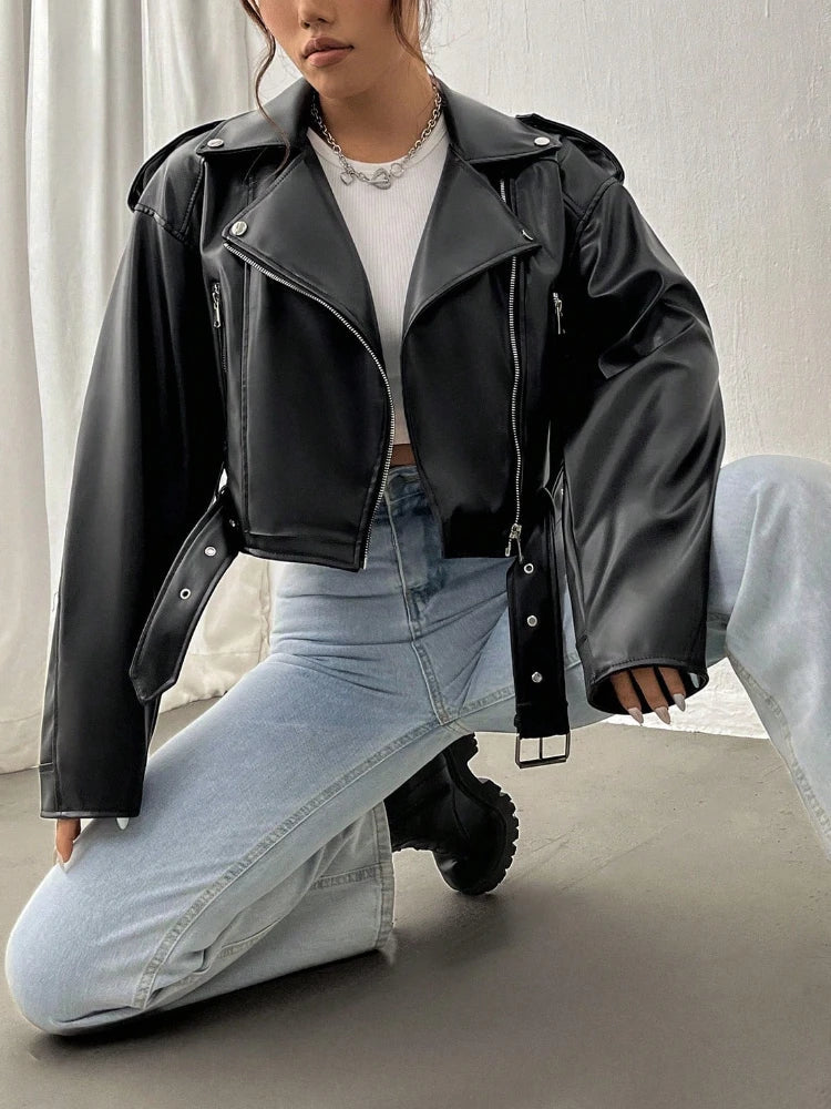 Damen-Lederjacke, lässiger Stil, mit Reißverschluss-5