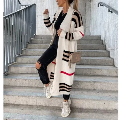 Langer Damen-Strickcardigan im Streifendesign aus 100% Acryl – Trendiger langer Cardigan für Herbst und Winter 2