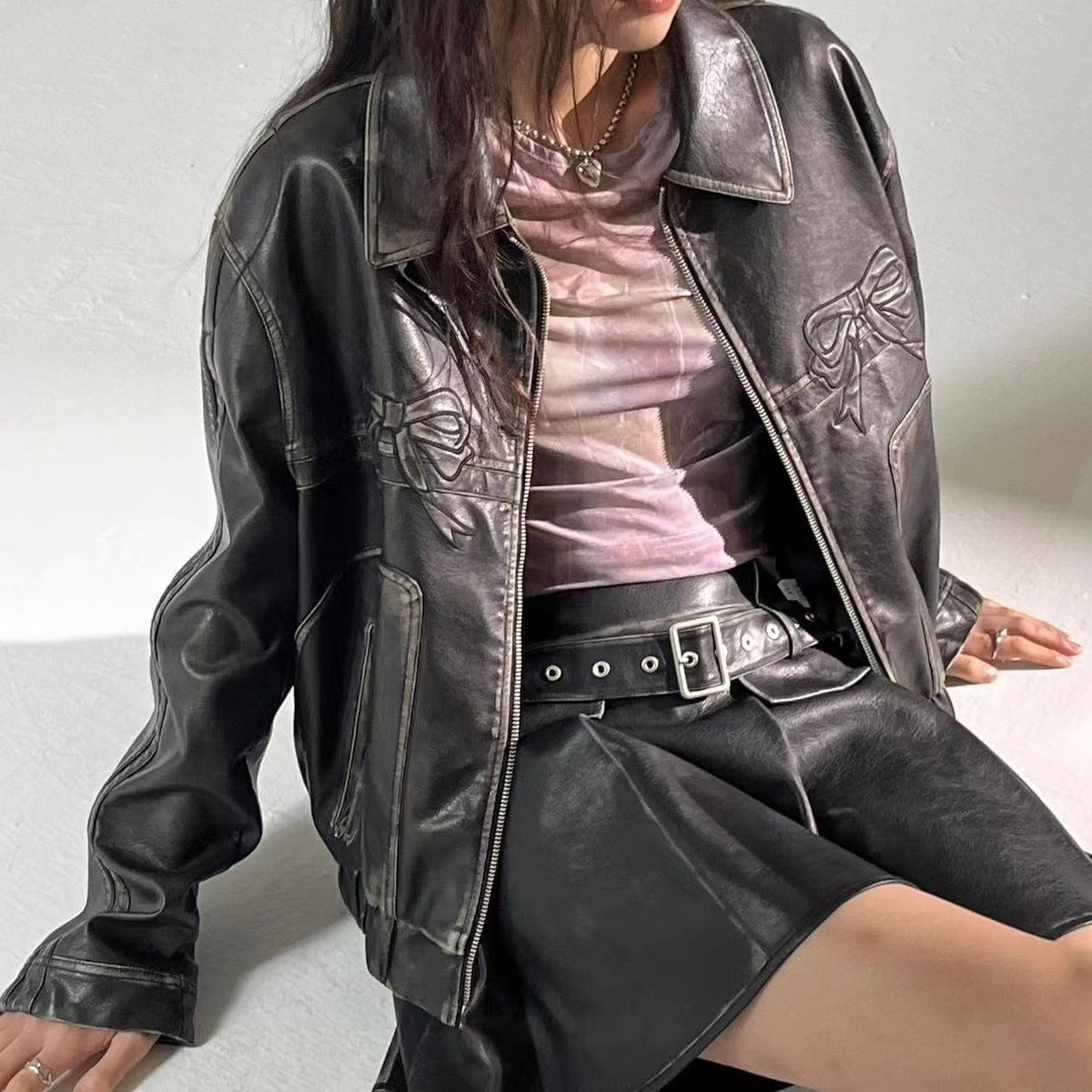 Damenjacke Schlaufendetail Leder Moderner Stil 6