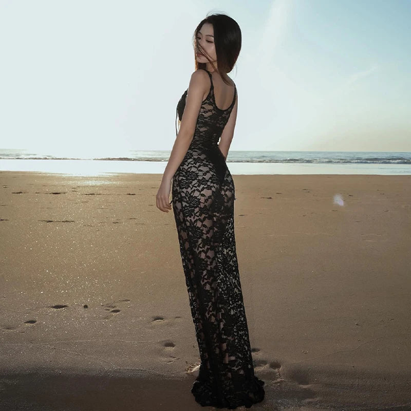 Damen-Maxikleid, Spaghettiträger, langes Polyester, eckiger Ausschnitt-3