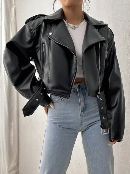 Damen-Lederjacke, lässiger Stil, mit Reißverschluss-4