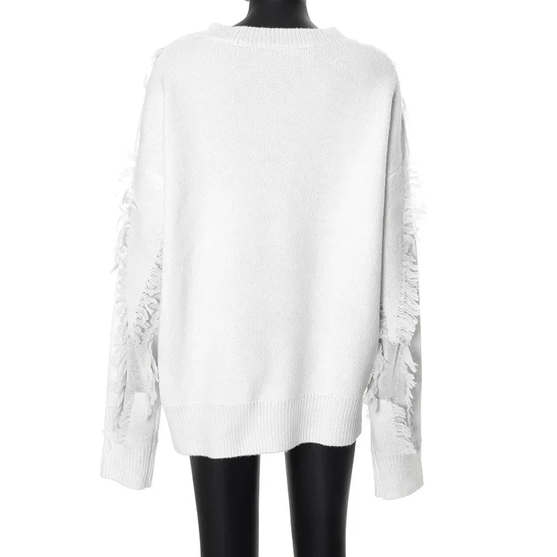 Damen-Oversized-Strickpullover, mit Fransen, gemischter Stoff-4