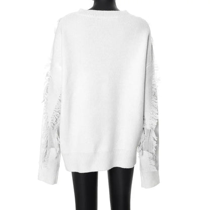 Damen-Oversized-Strickpullover, mit Fransen, gemischter Stoff-4