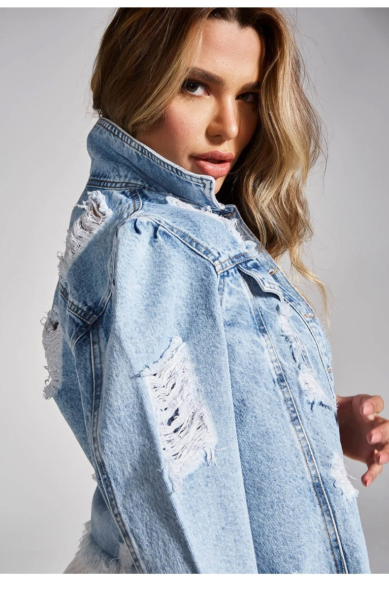 Damen-Jeansjacke im Ripped-Look mit langen Ärmeln, 100% Baumwolle-5