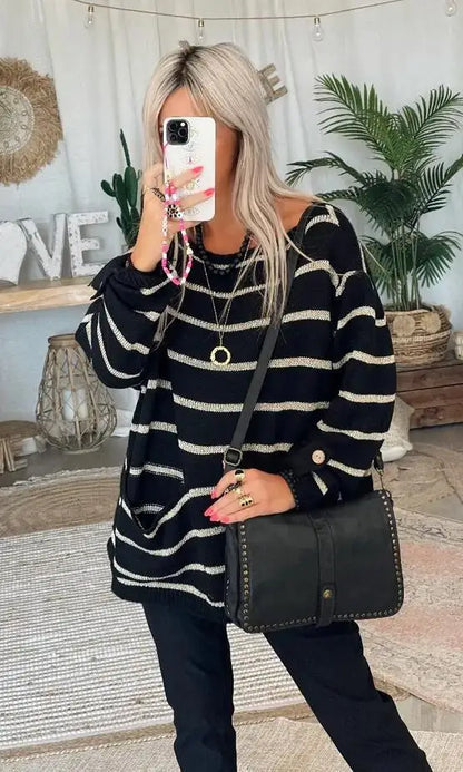 Damen-Pullover, gestreift, weiche Baumwollmischung-2