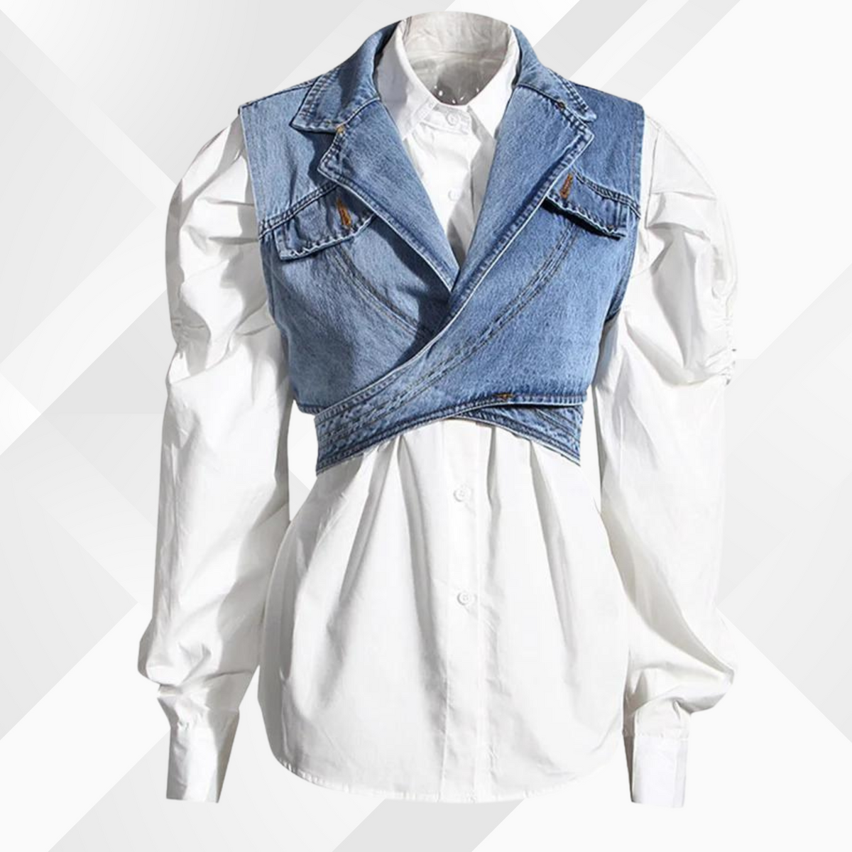 Damen-Jeansweste und Bluse, mit gepufften Ärmeln, Baumwolle-2