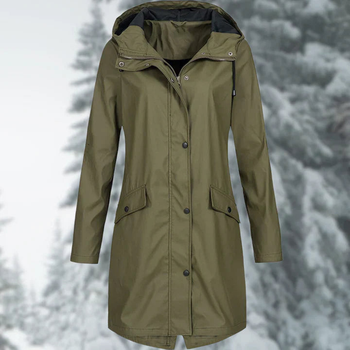 Damen-Regenjacke, lang, wasserdicht, mit anpassbarer Kapuze-3