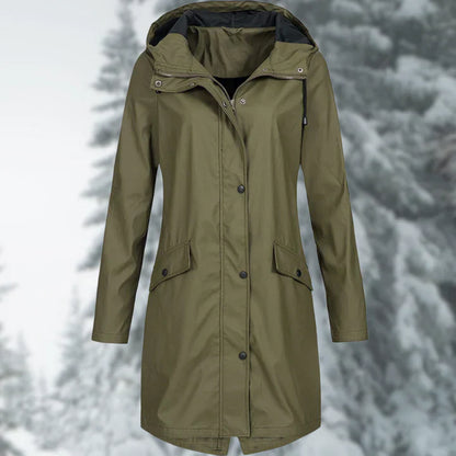 Damen-Regenjacke, lang, wasserdicht, mit anpassbarer Kapuze-3
