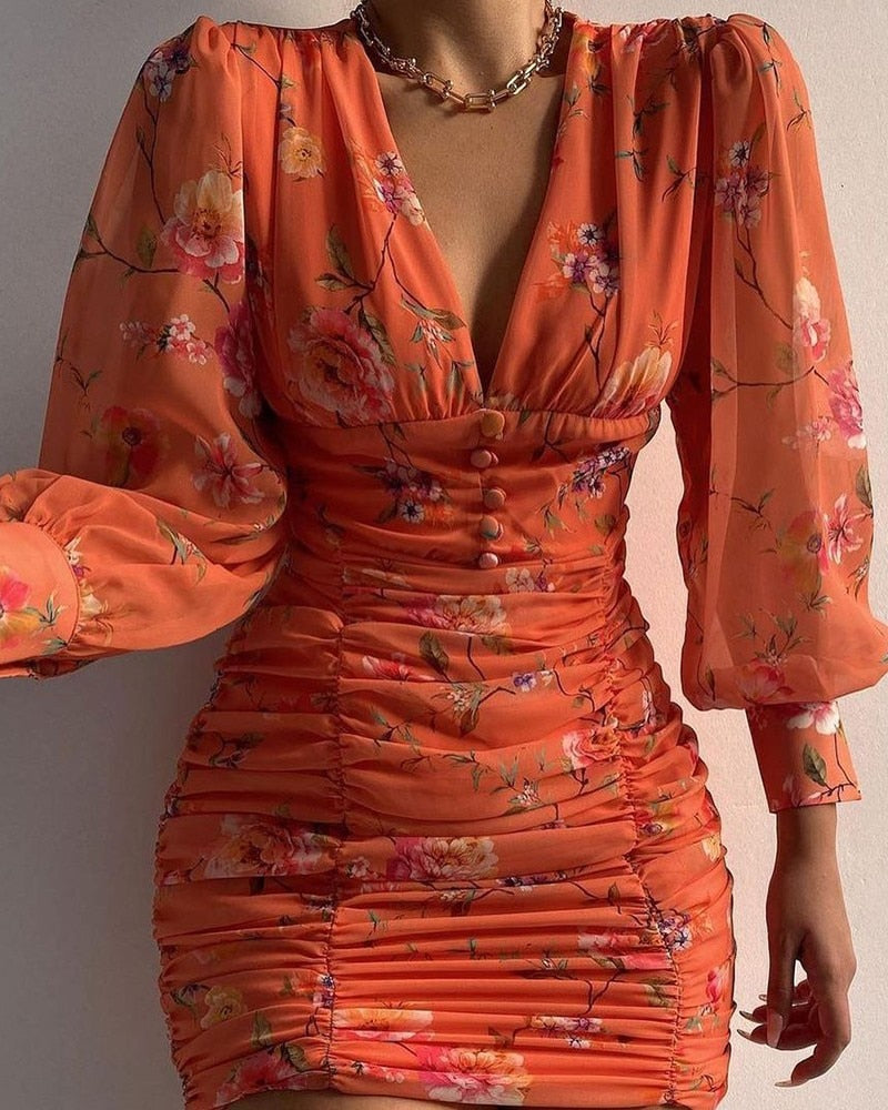 Damenkleid Abstrakter Print Geraffter Saum Polyester-2