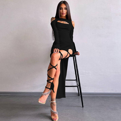 Maxikleid Damen Asymmetrisches O-Ausschnitt Lange Ärmel Polyester-5
