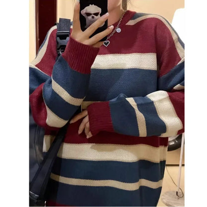 Damen-Oversized-Strickpullover, gestreift, weicher Strickmix-1