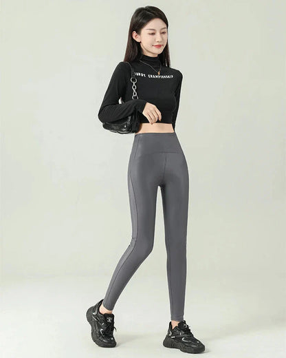 Damen-Leggings, hohe Taille, knöchellanges Polyester, Synthetikleder-3