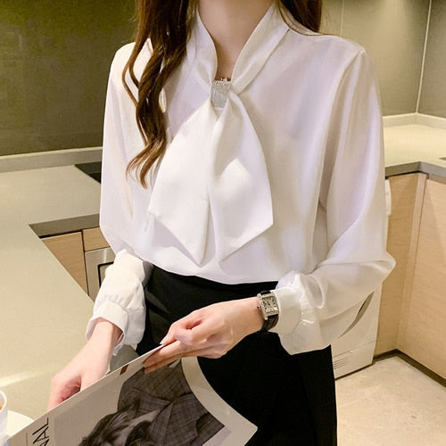 Damen Bluse Langarm Chiffon Monochrom-1
