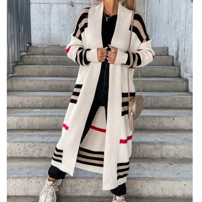 Lange Damen-Strickjacke mit gestreiftem Design aus 100% Acryl – trendiger langer Cardigan für Herbst und Winter 9