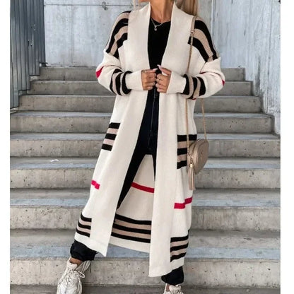 Lange Damen-Strickjacke mit gestreiftem Design aus 100% Acryl – trendiger langer Cardigan für Herbst und Winter 9