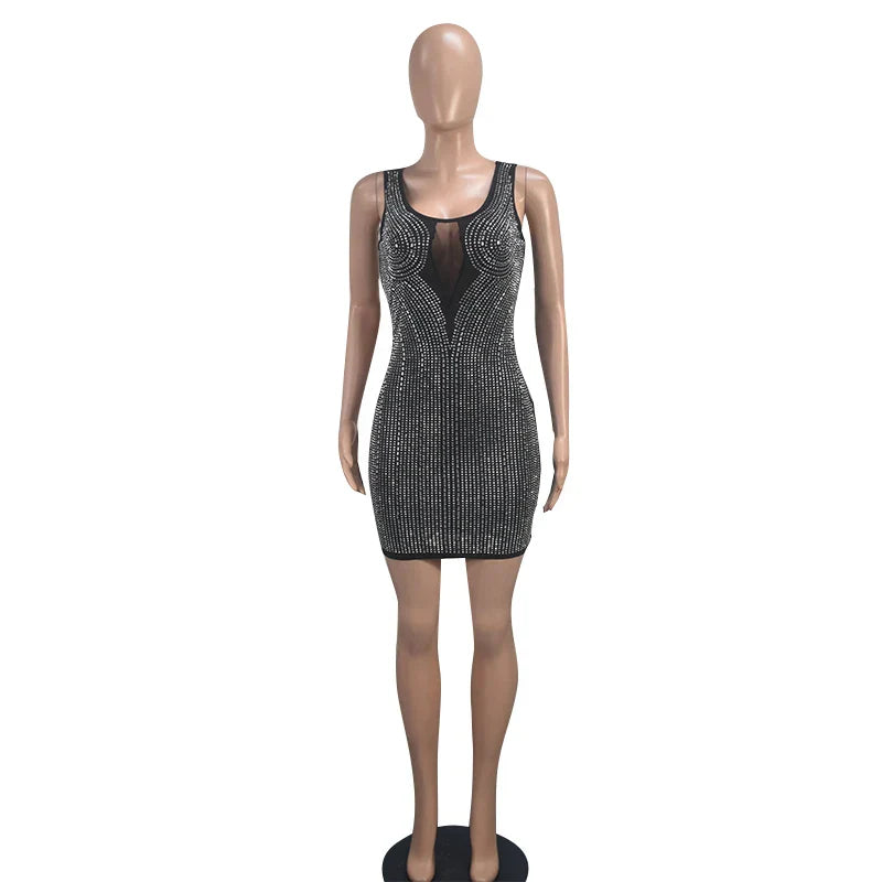 Glitzerndes Minikleid für Damen mit viereckigem Ausschnitt – schwarzes Polyesterkleid für Partys und Abende 5