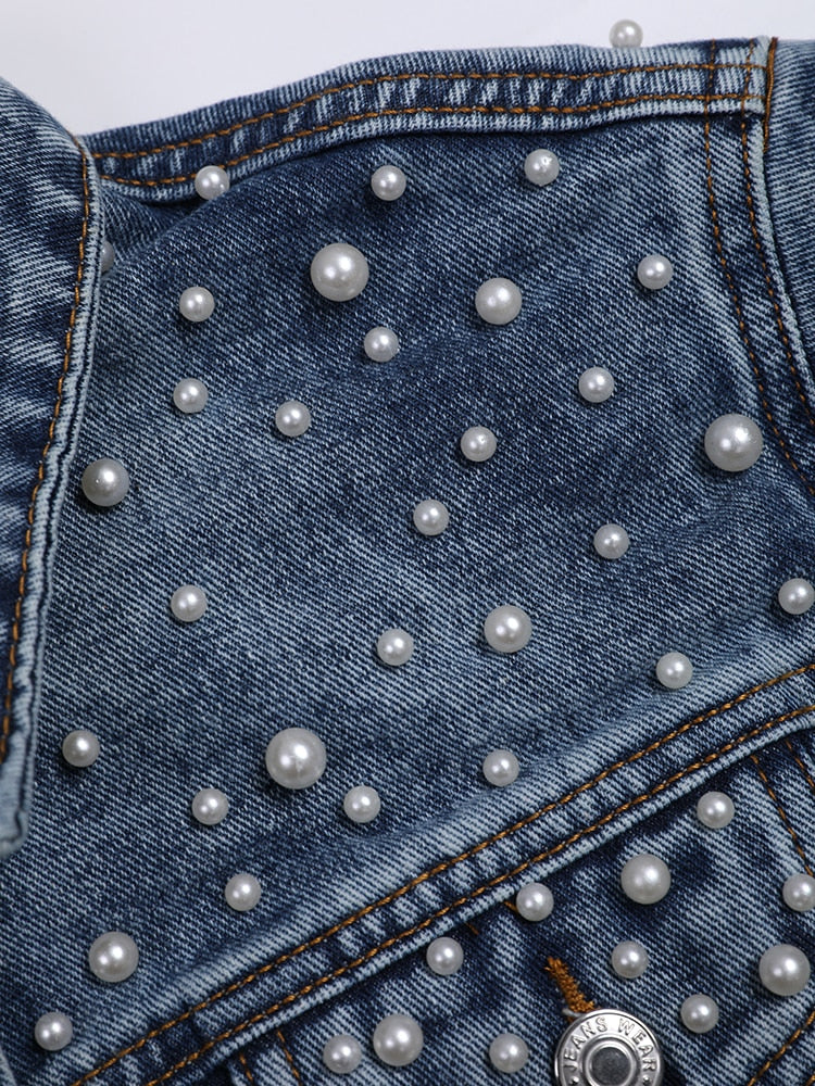 Damen-Jeansjacke, mit Perldekoration, lässiger Denim 3