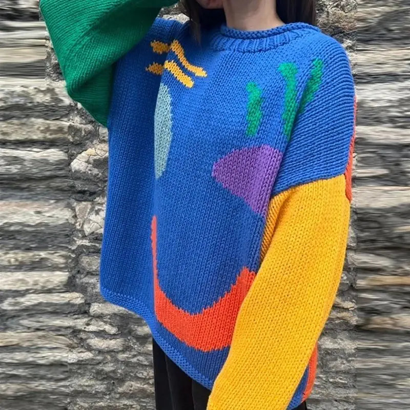 Damen-Strickpullover, oversized, boho, aus weichem Material, mit Smiley-Design-1