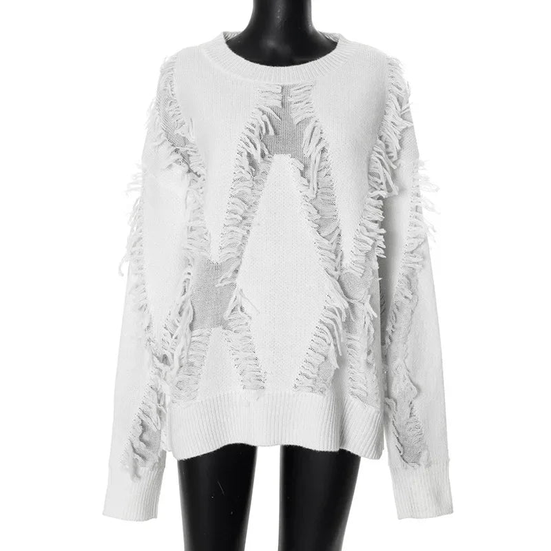 Damen-Oversized-Strickpullover, mit Fransen, gemischter Stoff-3