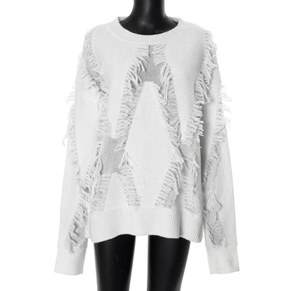 Damen-Oversized-Strickpullover, mit Fransen, gemischter Stoff-3