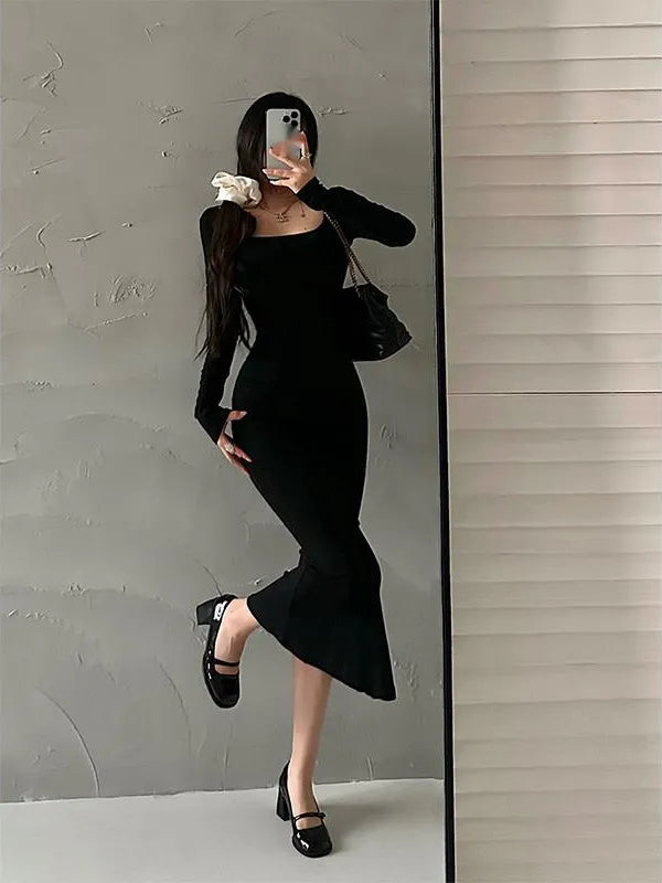 Damen-Maxikleid, Pullover-Design, Polyester und Baumwolle, Vollänge-1