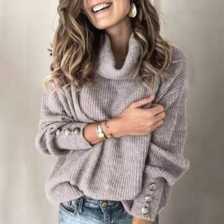 Damen-Strickpullover, Rollkragen mit Knopfdesign aus weichem Acryl-3