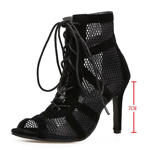 Damen-Sandalen, hohe Absätze, Spitze und Netz-1