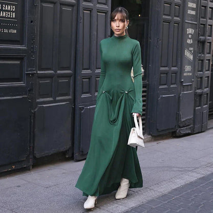 Maxikleid Damen Drapiert Hoher Halsausschnitt Hochwertiges Material-3