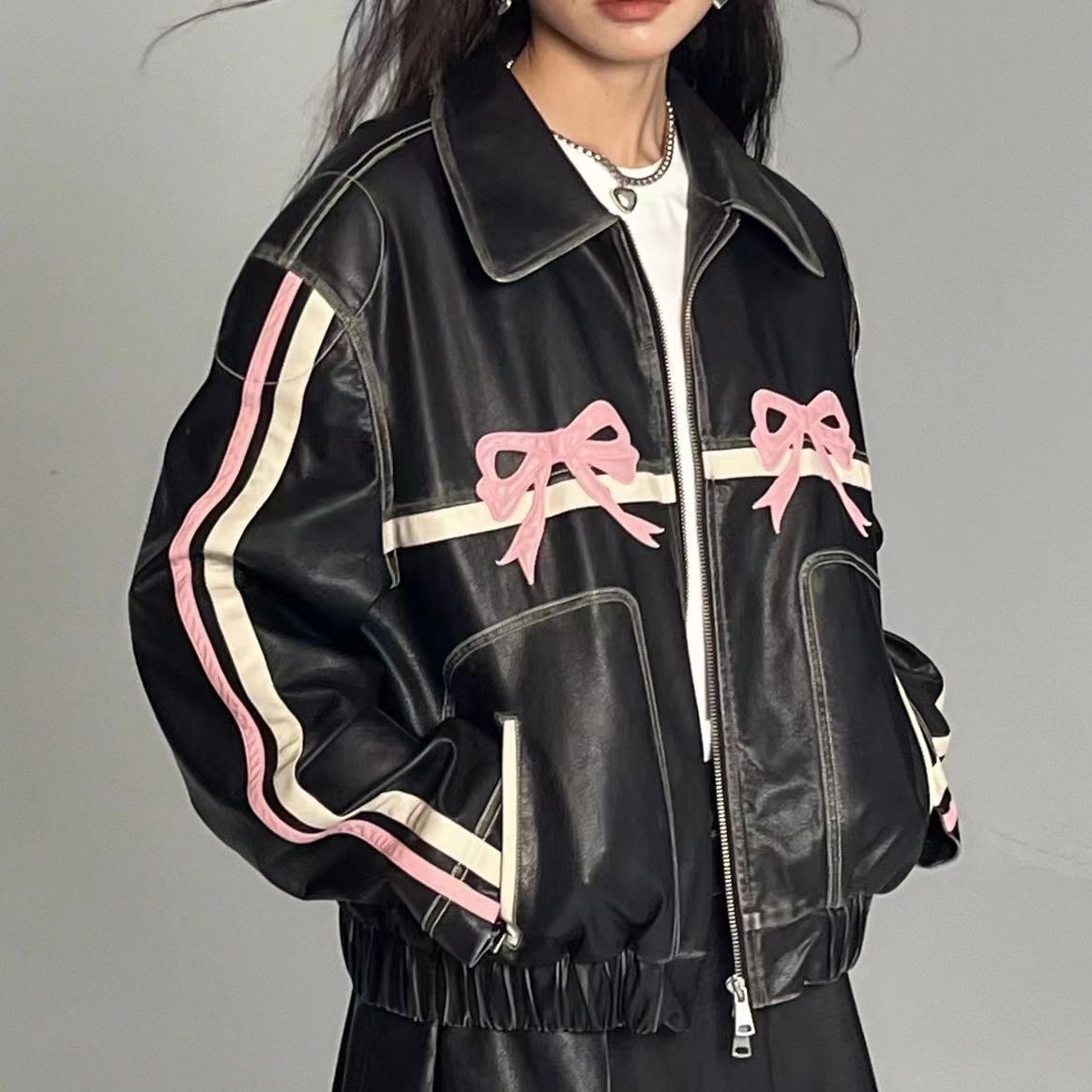 Damenjacke Schlaufendetail Leder Moderner Stil 3