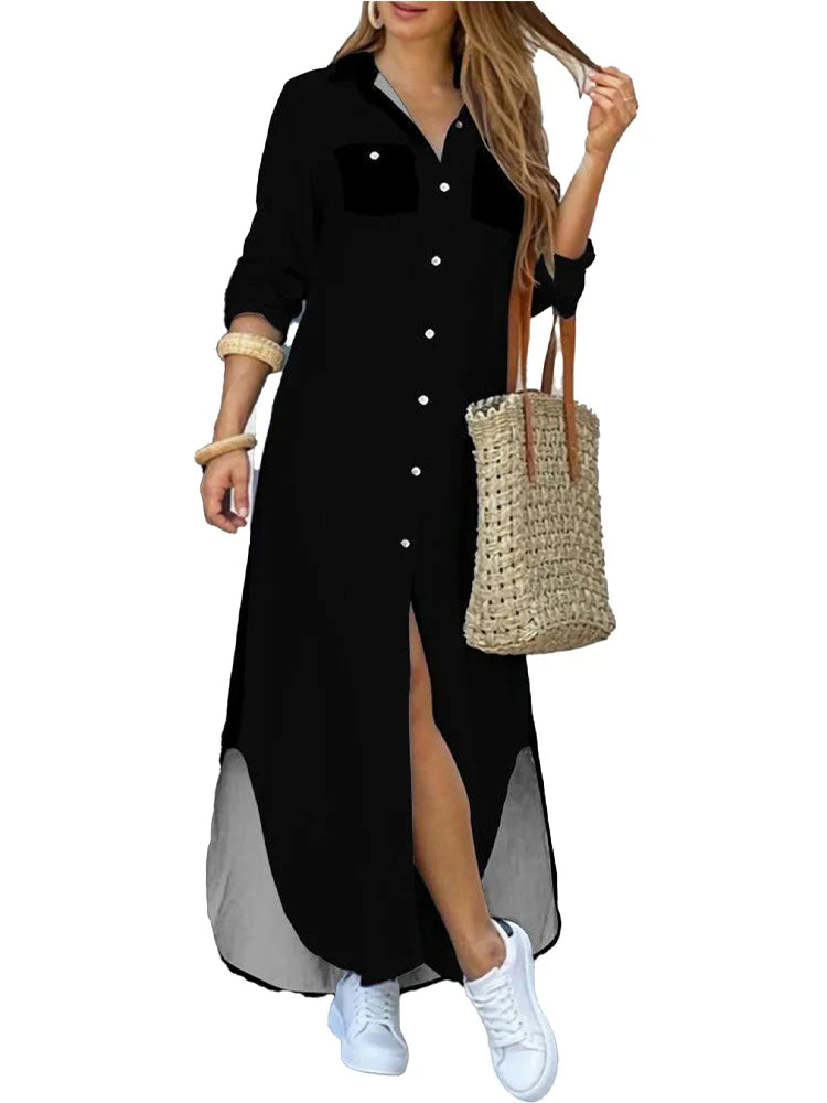 Damen-Hemdblusenkleid, langärmeliges atmungsaktives Material-3
