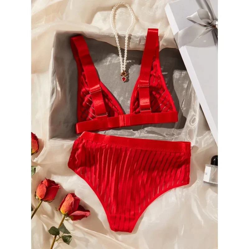 Damen-Unterwäsche-Set, gestreiftes Polyester mit verstellbaren Trägern-2