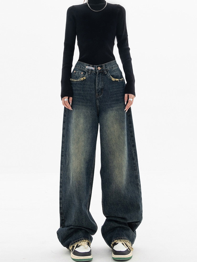 Damen-Baggy-Jeans mit weitem Bein, hohe Taille, Denim 4