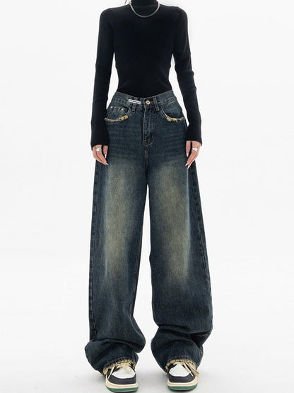 Damen-Baggy-Jeans mit weitem Bein, hohe Taille, Denim 4
