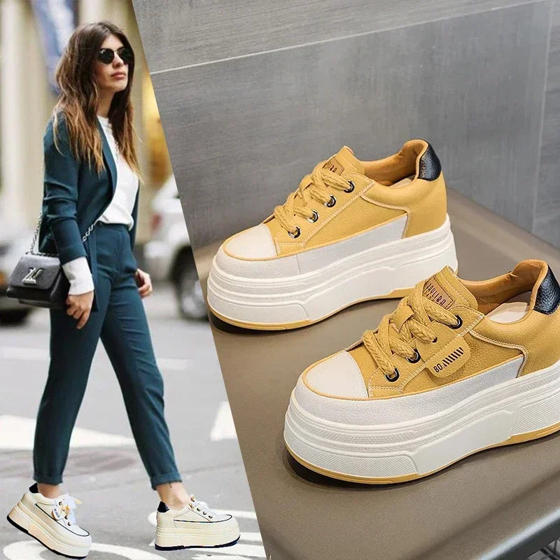 Damen Sneakers Hoher Absatz Leder Gepolsterte Sohle-5