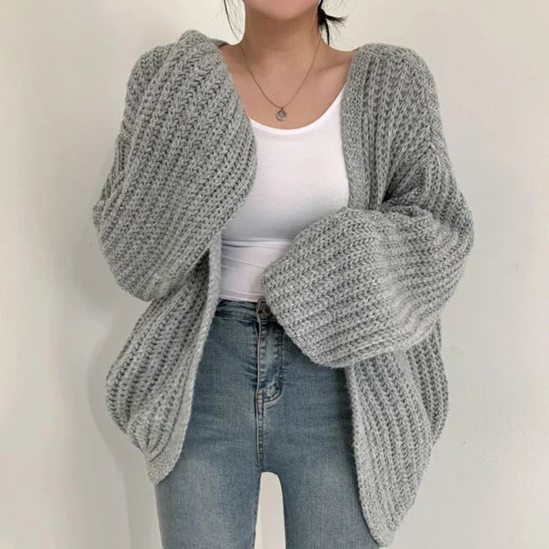 Damen-gestrickter Cardigan, übergroß, grob, Acryl-Mix-1