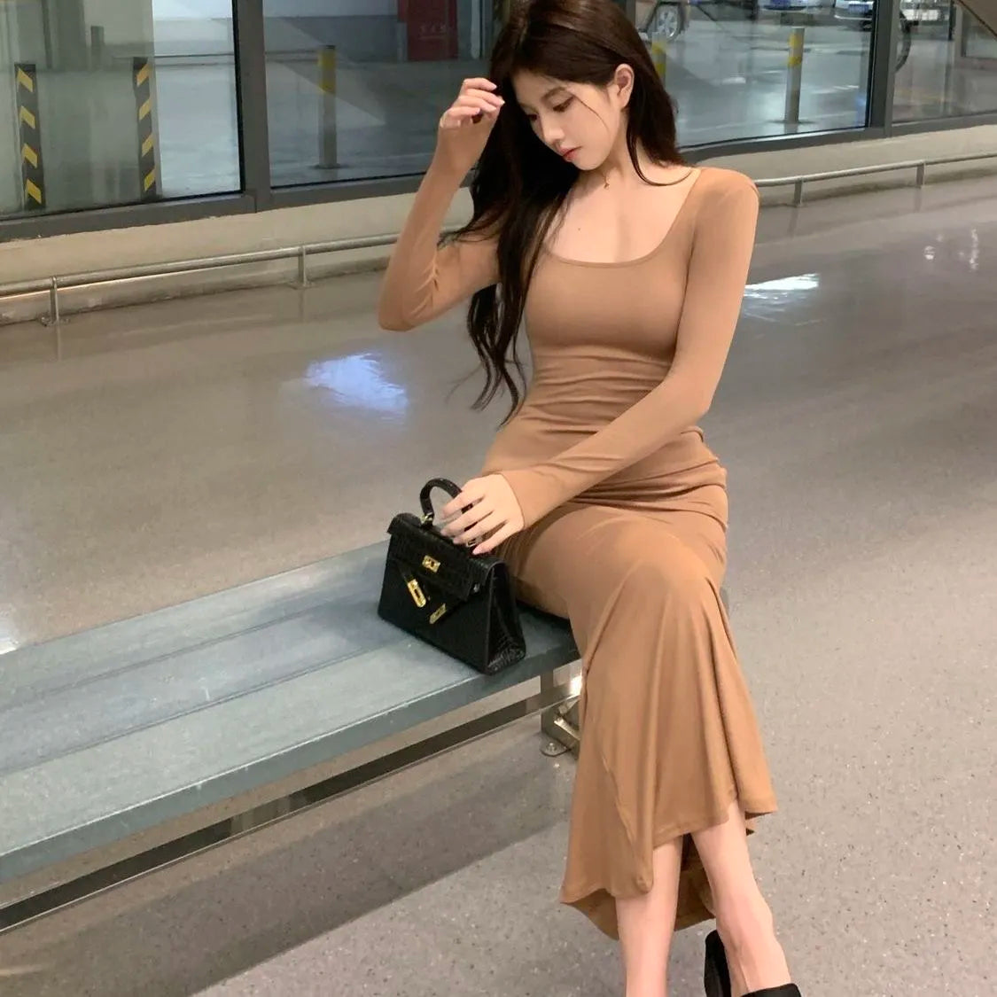 Damen-Maxikleid, A-Linienförmig, Polyester, Vollänge, elegant-2