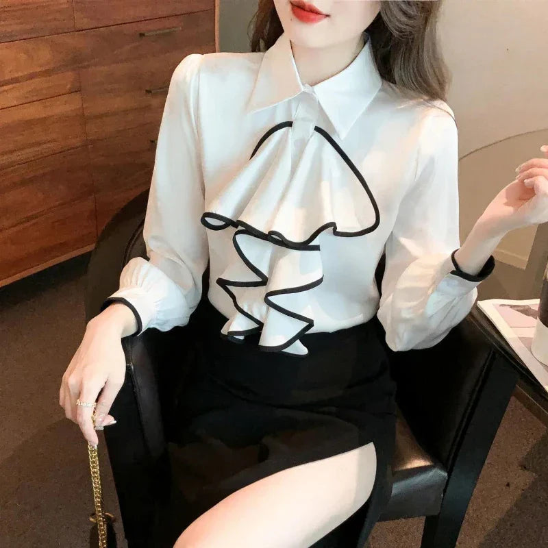 Damen Bluse Klassisch Monochromes Polyester Lange Ärmel-6