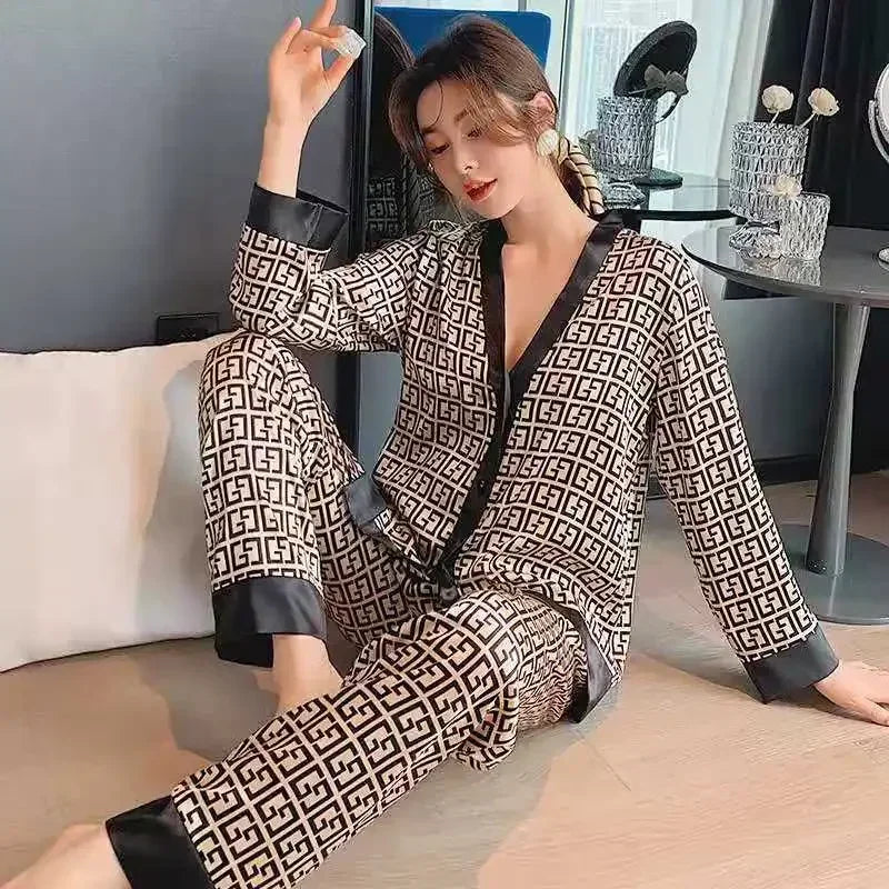 Damen-Pyjama-Set, langärmelig, Polyester, knöchellang-1