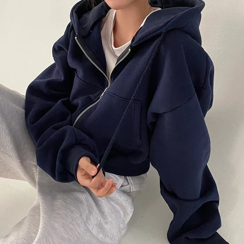 Langer Hoodie Damen Oversize mit Reißverschluss aus weichem Stoff-1