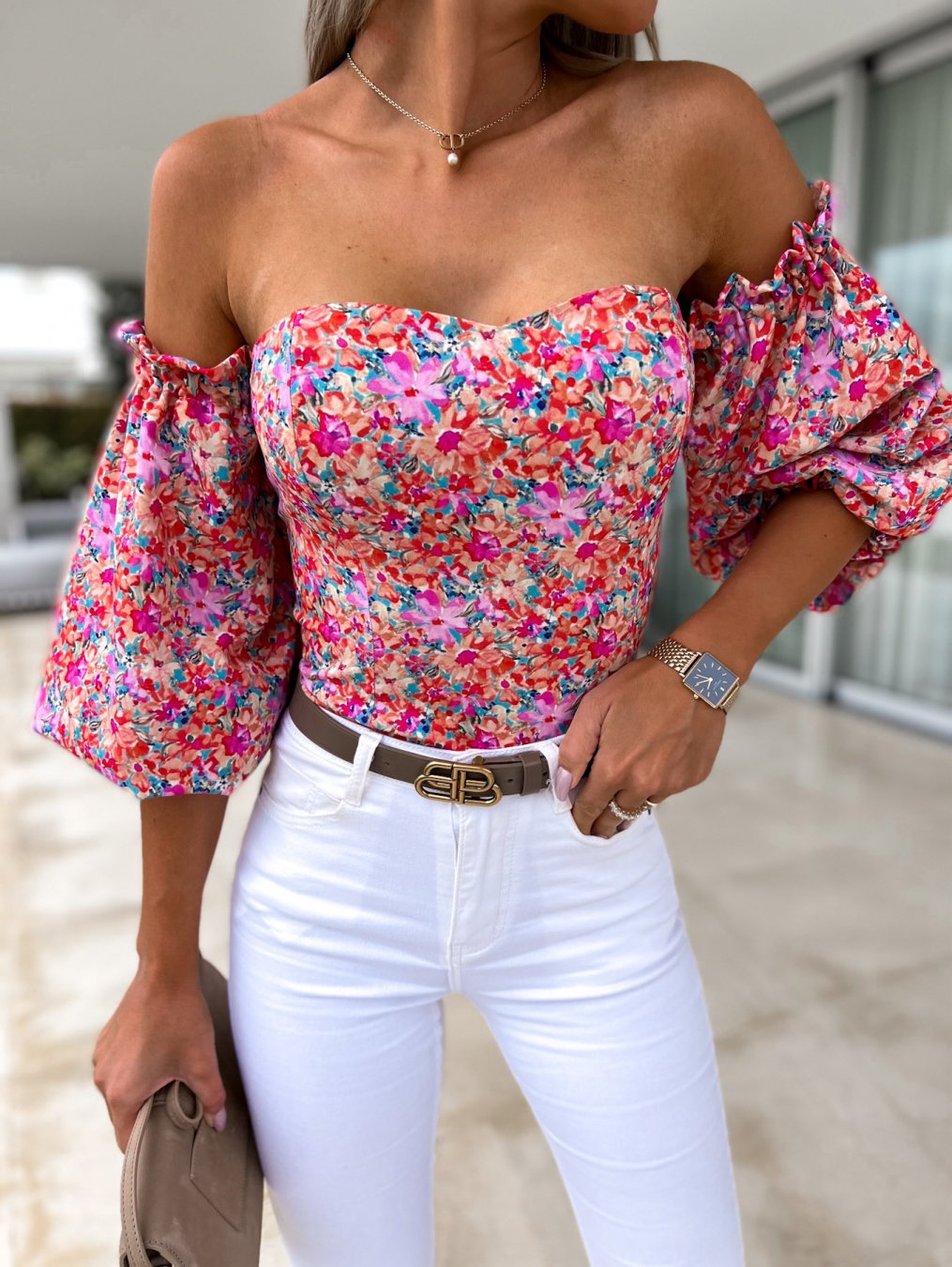 Damenbluse Off-Shoulder Blumenmuster Polyester Elasthan-2