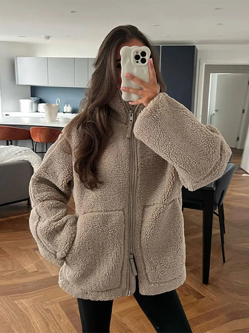 Damen-Mantel, Teddy, mit Kapuze, komfortabel, Winterjacke-1