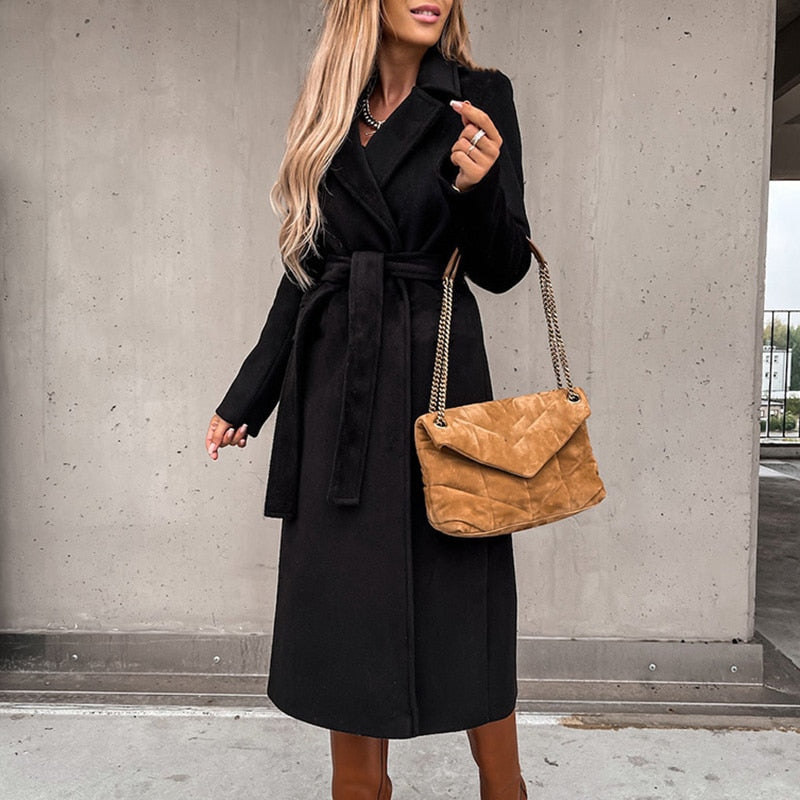 Damen-Wollmantel, elegantes Design, mit Gürtel, Polyester-3