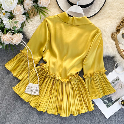 Damen Chiffonbluse mit Rüschen V-Ausschnitt Lange Ärmel-2