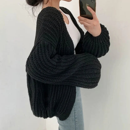 Damen-gestrickter Cardigan, übergroß, grob, Acryl-Mix-5
