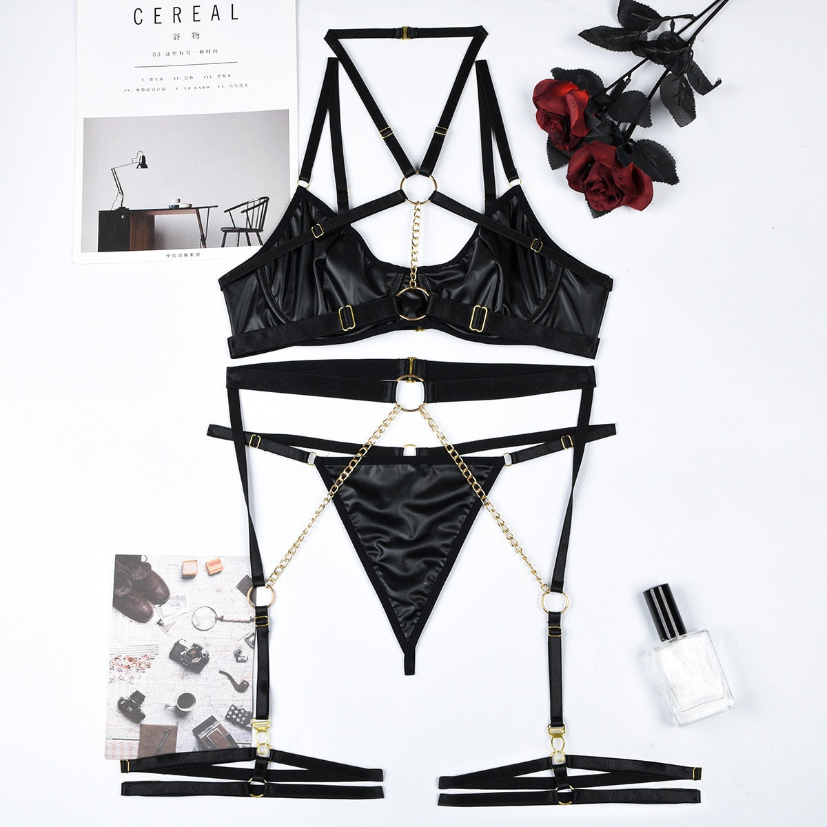Damen-Unterwäsche, Set aus Leder und Spitze mit Kettendetails-1